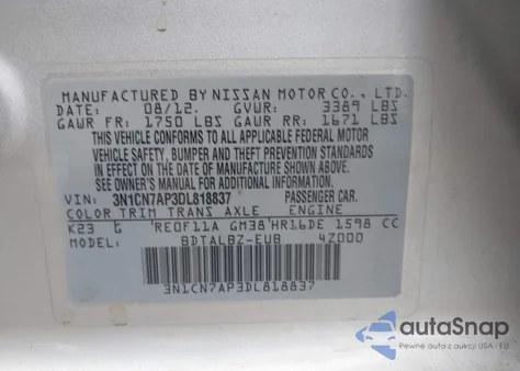 2013 Nissan Versa 1.6 Sv z USA, uszkodzony, nr VIN 3N1CN7AP3DL818837